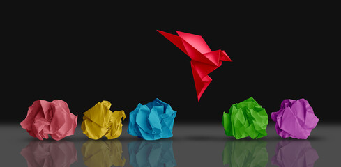 Fresh Concept and new idea and creative thought as a symbol of novel perspective and possibility as a revolutionary innovation metaphor as an origami bird in flight standing out.  - 600969501