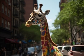 Hippie giraffe walking arround New York City