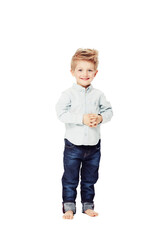 Happy, fashion and portrait of a child in jeans isolated on a white background in a studio. Smile,...