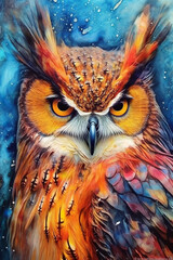 A painting of an owl on a blue background. Generative AI.
