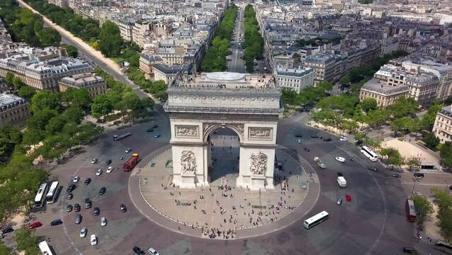 Aerial Shot Slowly Flying Towards Famous Landmark Are De Triomphe in Paris, France