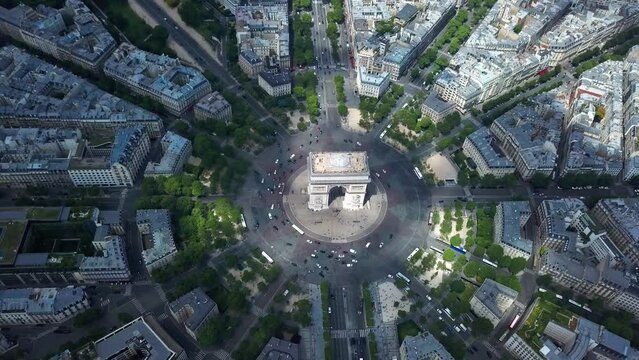 Breathtaking Aerial Shot High Above Famous Monument Arc De Triomphe in Paris, France