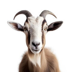 Close-up portrait of a brown goat with horns. isolated object on white background