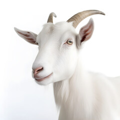 Close-up portrait of a white goat with horns. isolated object on white background