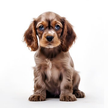 Portrait of a cute puppy sitting on the floor isolated on white background