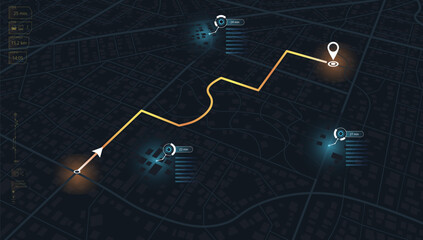 Futuristic mapping technology route of destination point and location on the streets. View from above the map buildings. Abstract transportation background. Vector, illustration, isometric