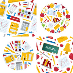 school, office stationery backgrounds set. calculator, pencils, tube of glue, paints, notebook, calendar. education supplies for children study. vector cartoon flat items