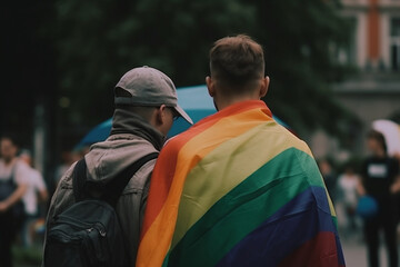 LGBT people holding a pride banner in front of a monument, pride, bokeh Generative AI