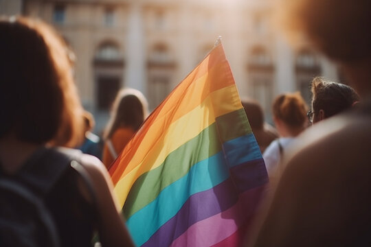 LGBT people holding a pride banner in front of a monument, pride, bokeh Generative AI