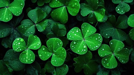 Bunch of clover leafs surrounded by drops of rain water. Generative AI.