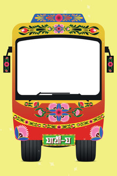 A colorful truck with a colorful flower pattern on the front