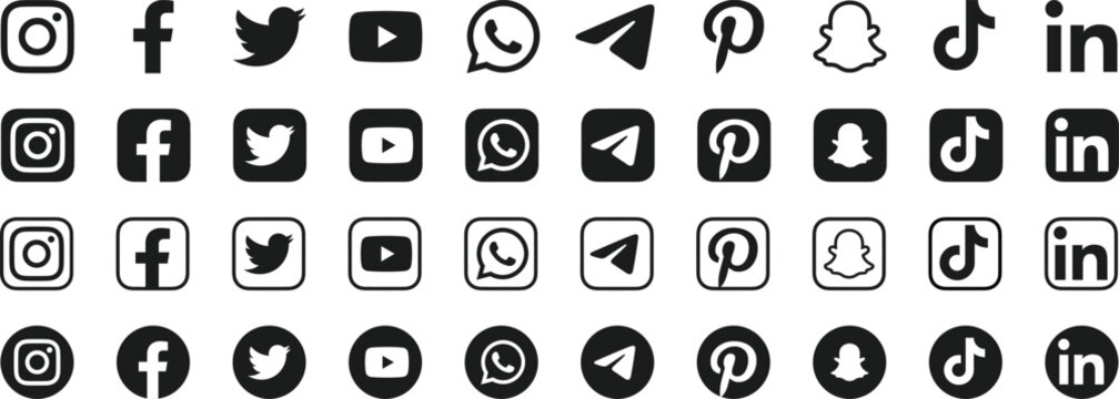 Social media icons black and white logo set. Instagram, facebook, twitter, tiktok, youtube, and other social media logo square and round collection. Vector editorial illustration