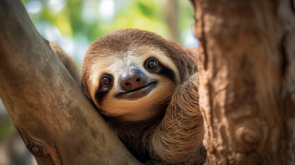 A cute sloth is hanging on a branch. Generative AI.