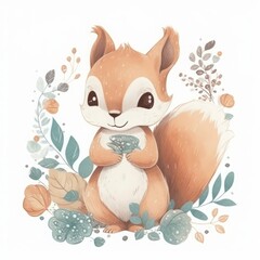 Naklejka premium Illustrated baby squirrel kit for nursery room. Generative AI