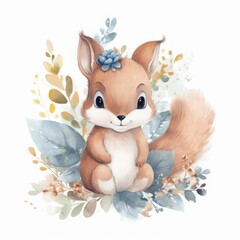 Illustrated baby squirrel kit for nursery room. Generative AI