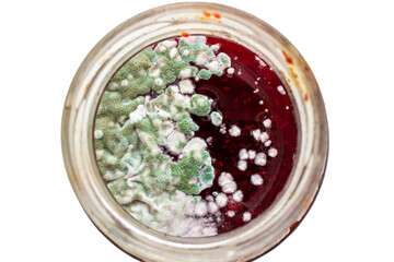 Mold in a jar of raspberry jam. Hazardous to health. Mold. High quality photo - obrazy, fototapety, plakaty