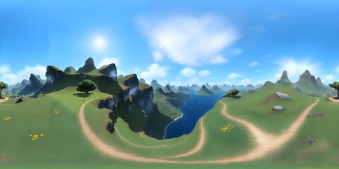 HDRI,  Skybox, Spring Mountain with greens, day time in the forest, created using generative AI. Stylized