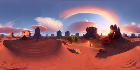 HDRI,  Skybox, sunset in the desert, canyon land created using generative AI. Stylized 