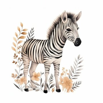 Illustrated baby zebra foal for nursery room. Generative AI
