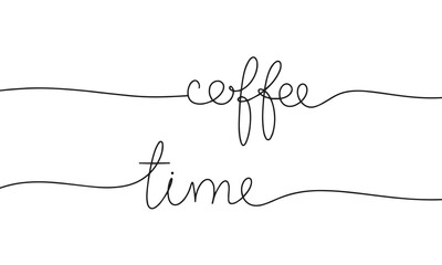 Handwriting one line continuous coffee time phrase. Word as monoline line art vector illustration.