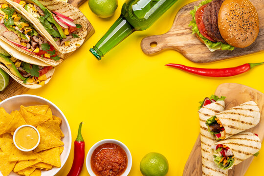 Mexican food featuring tacos, burritos, nachos, burgers
