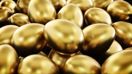 Stack of shiny golden eggs. 3D illustration