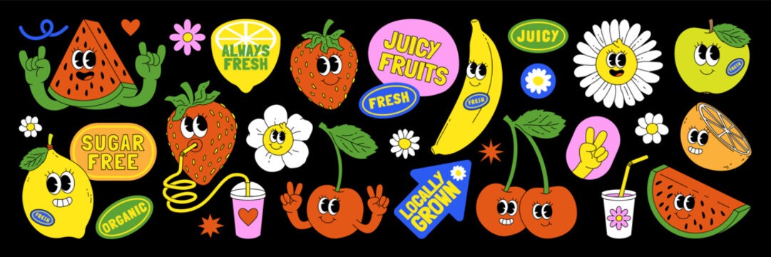 Naklejka Fruit retro funky cartoon stickers. Comic character of cherry strawberry banana watermelon, slogan, quotes and other elements. Groovy summer vector illustration. Fruits berries juicy sticker pack.