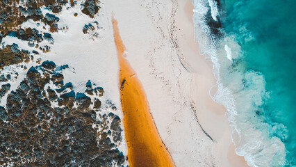 Aerial view of where the river meets the sea. Vibrant orange and dark river meet turquoise sea waves on beach in Western Australian town called Guilderton. © Matt