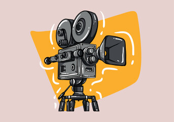 Cinema movie camera side view template in cartoon and vintage style isolated illustration