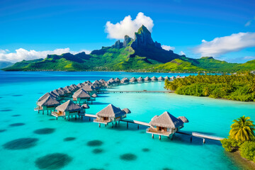 A peaceful and tranquil lagoon in Bora Bora, French Polynesia, with crystal-clear waters and overwater bungalows dotting the shoreline - obrazy, fototapety, plakaty
