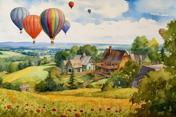 Fototapeta na wymiar A watercolor painting of a farm with hot air balloons. Generative AI.