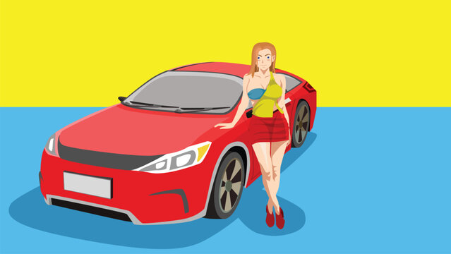 Female salesperson or Pretty with car red color. Presentation and promote in the showroom bright colors. 