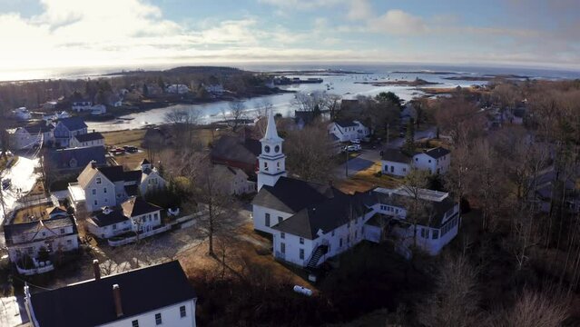 Small church in village on coast of maine (4k Aerial Drone 30p)