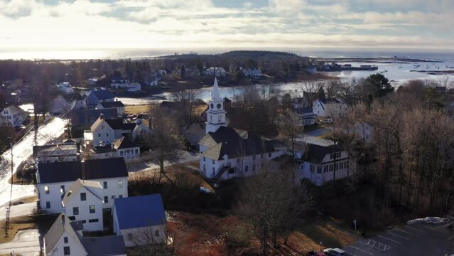Small community church in Maine (4k Aerial Drone 30p)