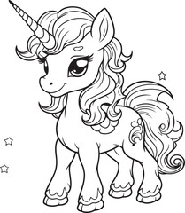 Coloring page for kids cute unicorn vector illustration.