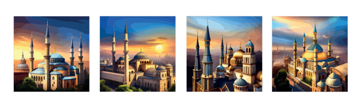 Banner set beautiful mosque islamic background. Istanbul ottoman turkish mosque. Traditional, cultural and religious Muslim islamic mosque with sky and cloud photo wallpaper. Vector illustration