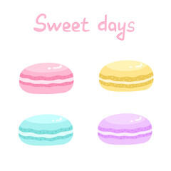 Macaron set, french biscuit dessert. Vector Illustration for printing, backgrounds, covers and packaging. Image can be used for greeting cards, posters and stickers. Isolated on white background.