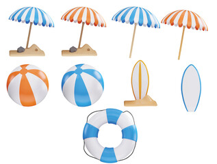A collection of beach accessories including an umbrella, a lifeguard, and a lifeguard 3d icon set