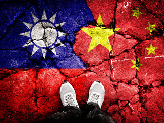 American flag. Chinese flag. Taiwan flag. Exposure of cracked stone background. It tells about the sovereignty war between Taiwan and China. The United States supports Taiwan behind the scenes.