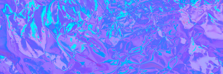 Banner with abstract holographic background in 80s, 90s style. Modern pastel neon blue, purple, mint colored metallic psychedelic holographic foil texture. Synthwave, vaporwave, retro futurism, disco