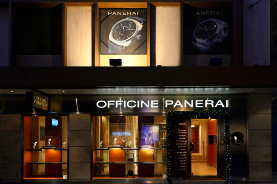 Geneva, Swtzerland, Europe , Officine Panerai - Italian watchmaker with headquarters in Geneva, Panerai boutique at Rue du Rhône, window display