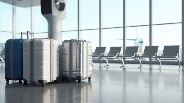 Travel Concept with luggage in Airport. Silver, White and Blue Suitcases in Airport Lounge. Generative AI.