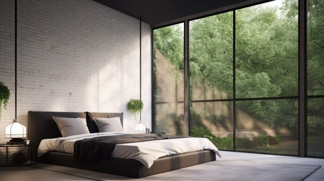 Stylish Interior Design Background. Loft Bedroom. Generative AI.