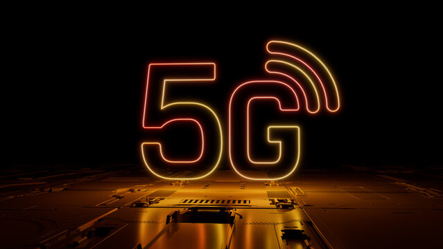 Orange and Yellow neon light 5G icon. Vibrant colored Wireless technology symbol, on a black background with high tech floor. 3D Render