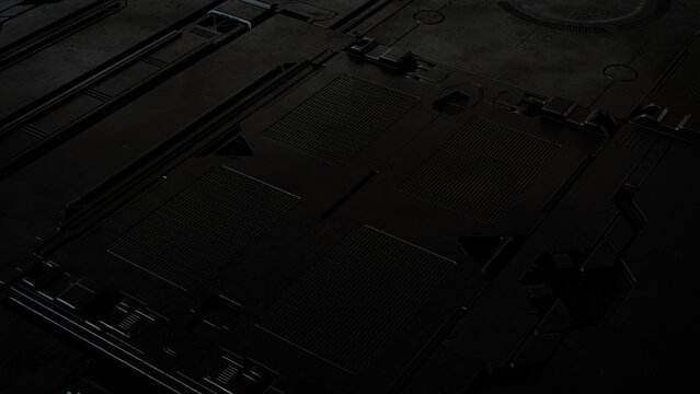 Black, Tech Wallpaper with Futuristic 3D Panels. Dark, Sci-Fi style. 3D Render.