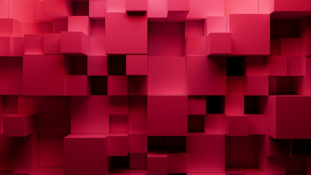Neatly Aligned Multisized Cube Wall. Red, Modern Tech Background. 3D Render.