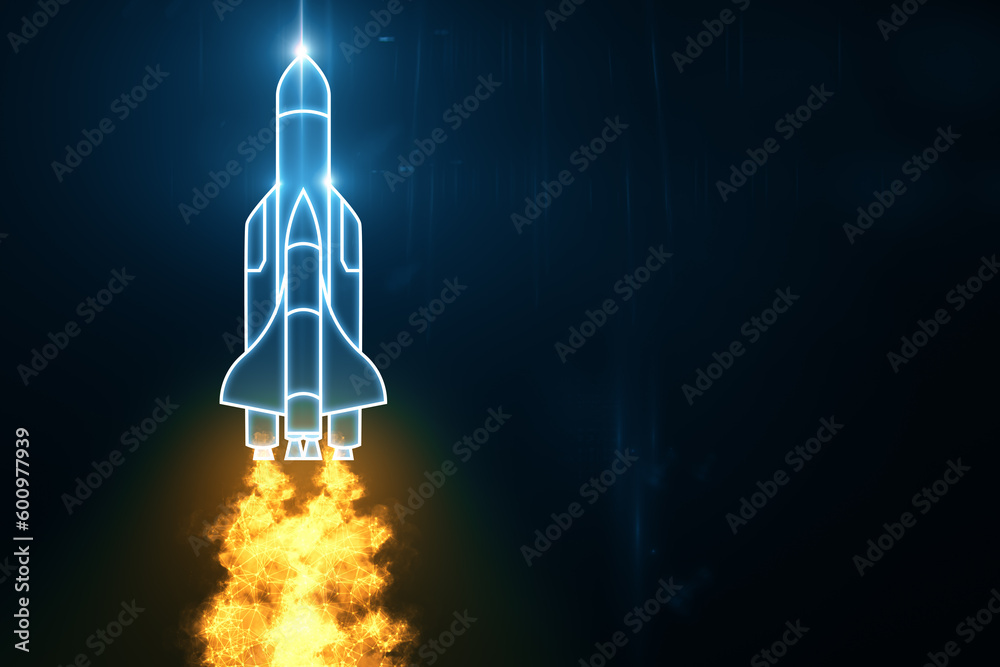 Leinwandbilder starting rocket with a flame in a neon style on a dark background. the beginning of the new business