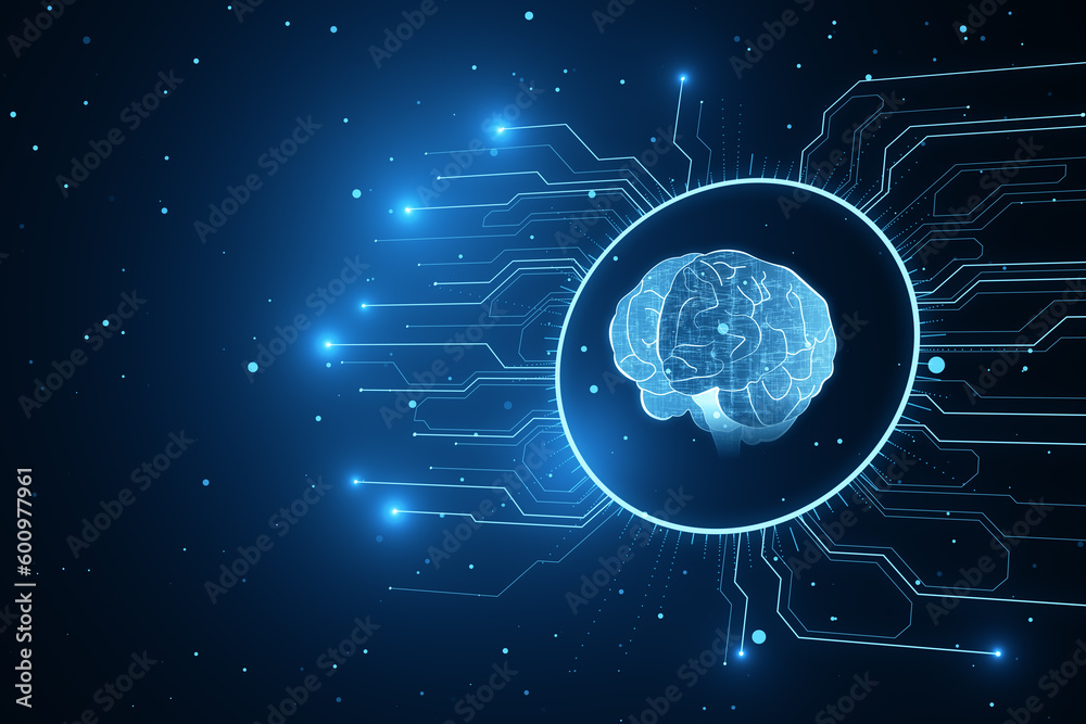 Aufkleber Artificial intelligence, data mining and machine learning concept with digital neon style human brain on dark blue background with microcircuit. 3D rendering