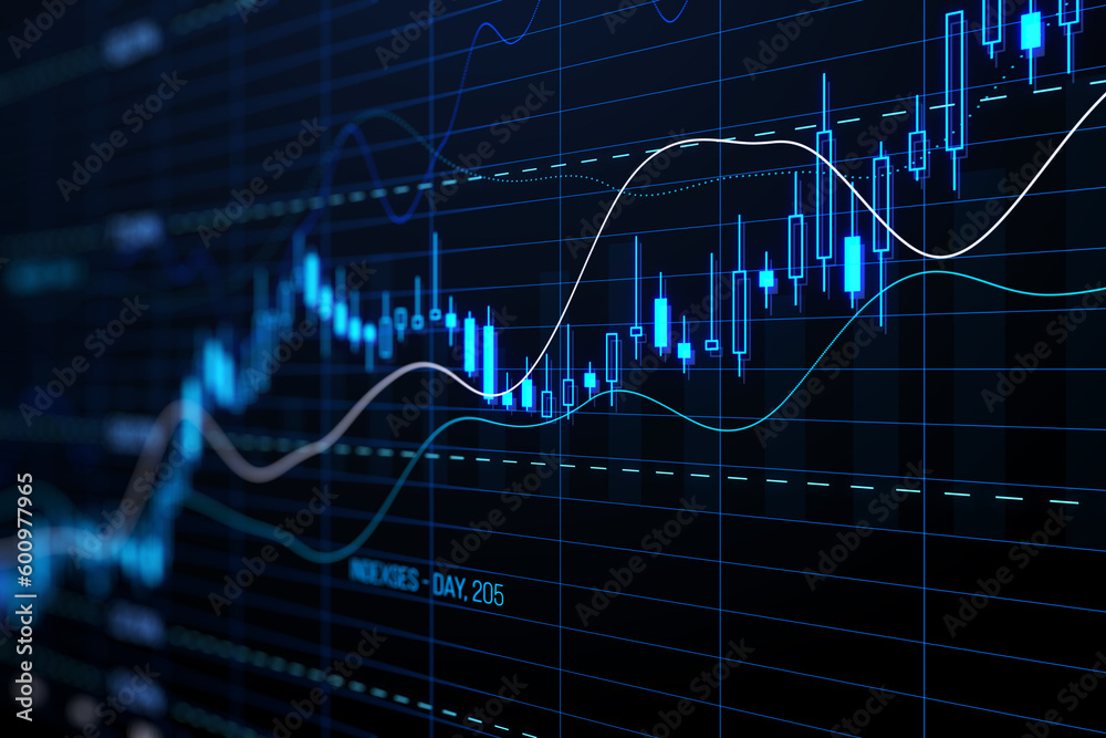 Poster perspective view of stock market growth, business investing and data concept with digital financial 