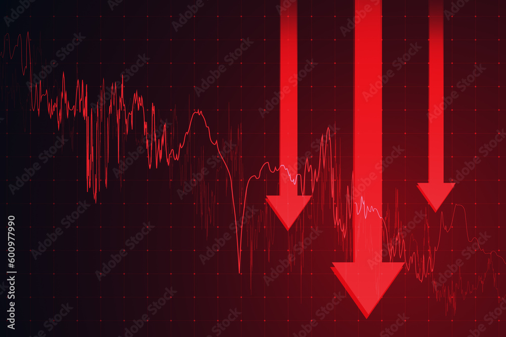 Poster economy crisis and stock market crash concept with moving down digital red financial chart candlesti